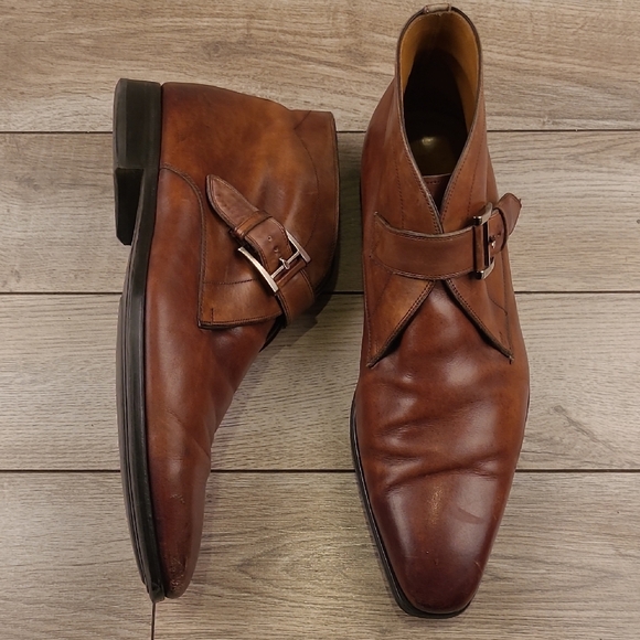 MAGNANNI Tan Dark‎ Brown Leather Sz 10 M Mens Ankle Monk Strap Boots - Picture 1 of 12